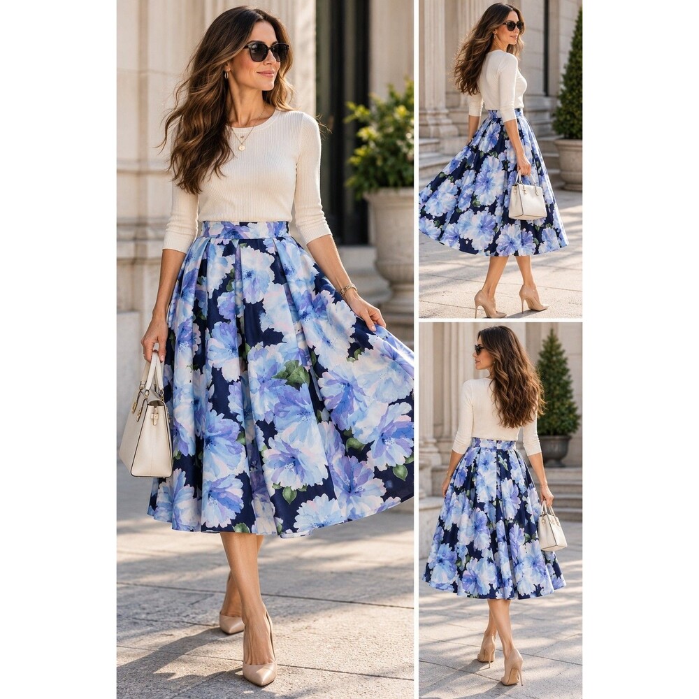 Tahari Arthur S Levine Floral Pleated Midi Skirt 6 Navy Blue A Line Full Skirt